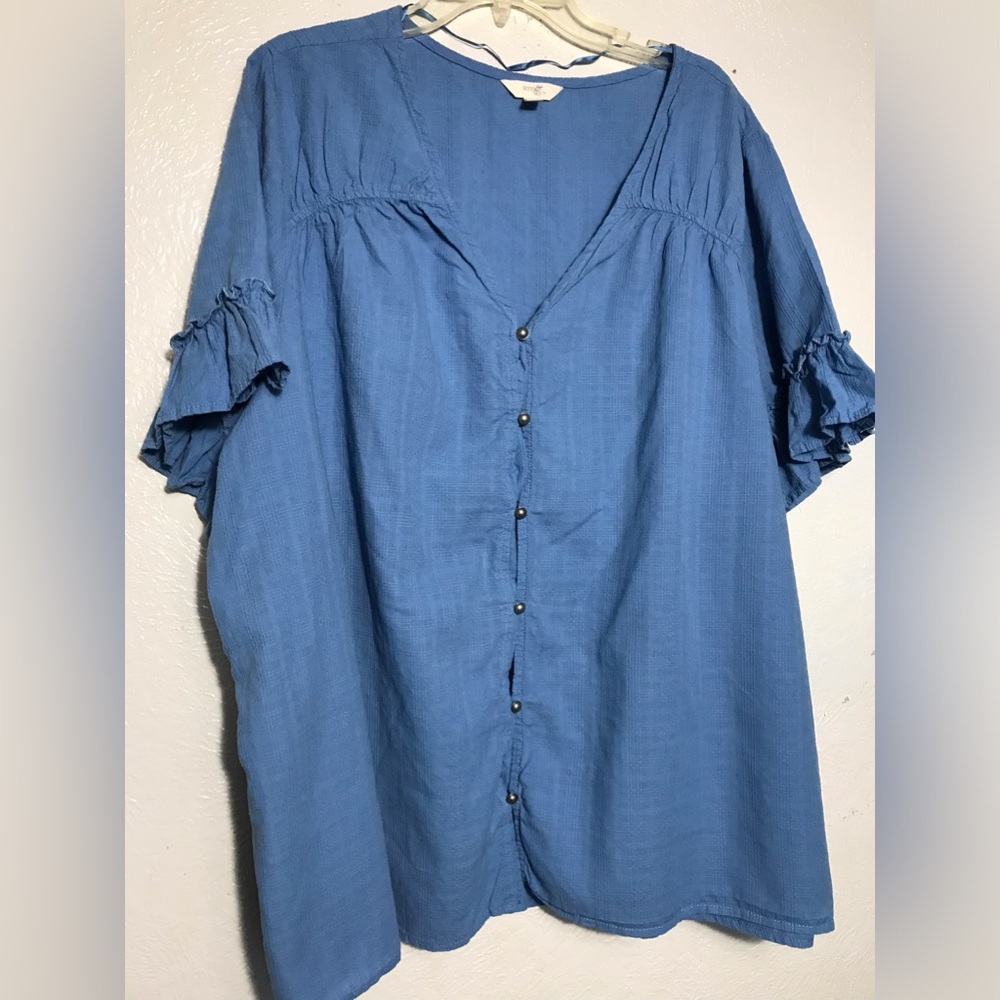 Terra Sky Cotton Blue Ruffled Sleeve Button-Down Top 3X